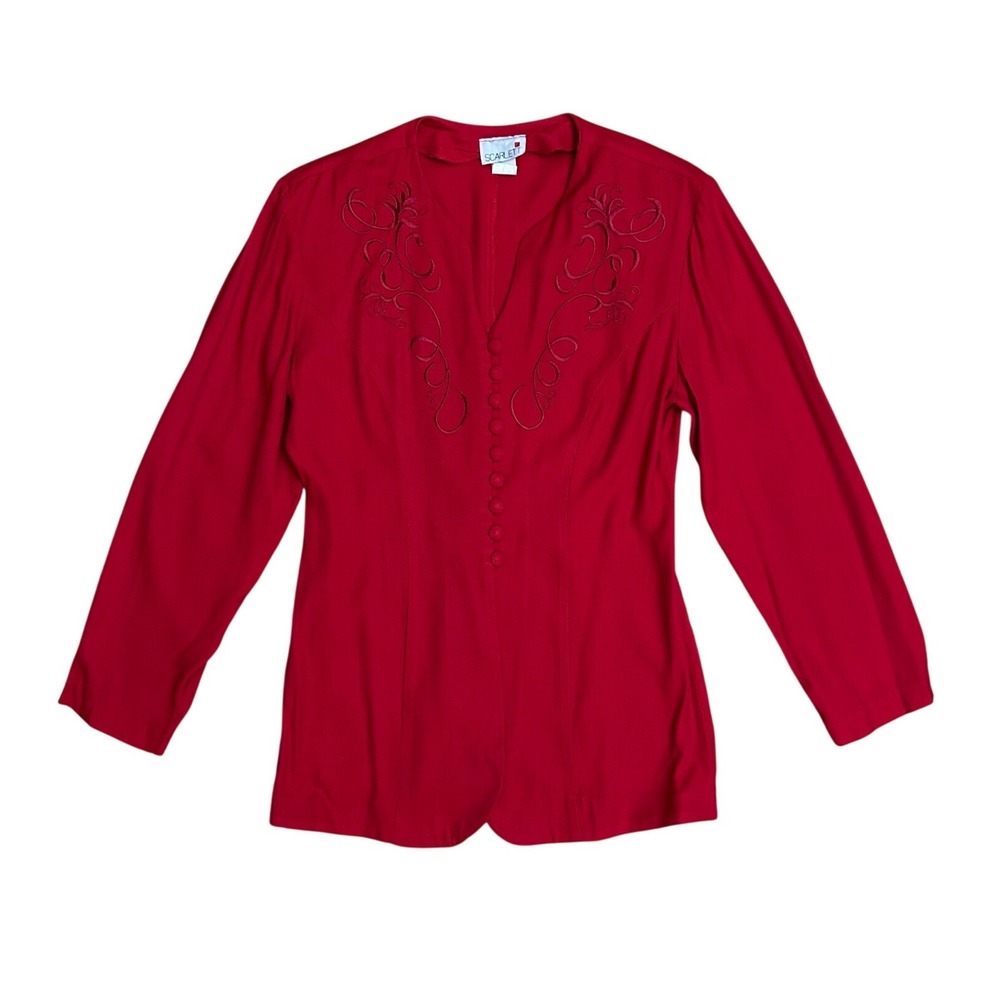 Vintage 70s Red Embroidered Button Down Blazer Top Small Medium office old money